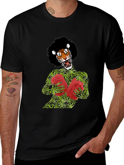 Tiger Pot Leaf & Rose Graphic T-Shirt