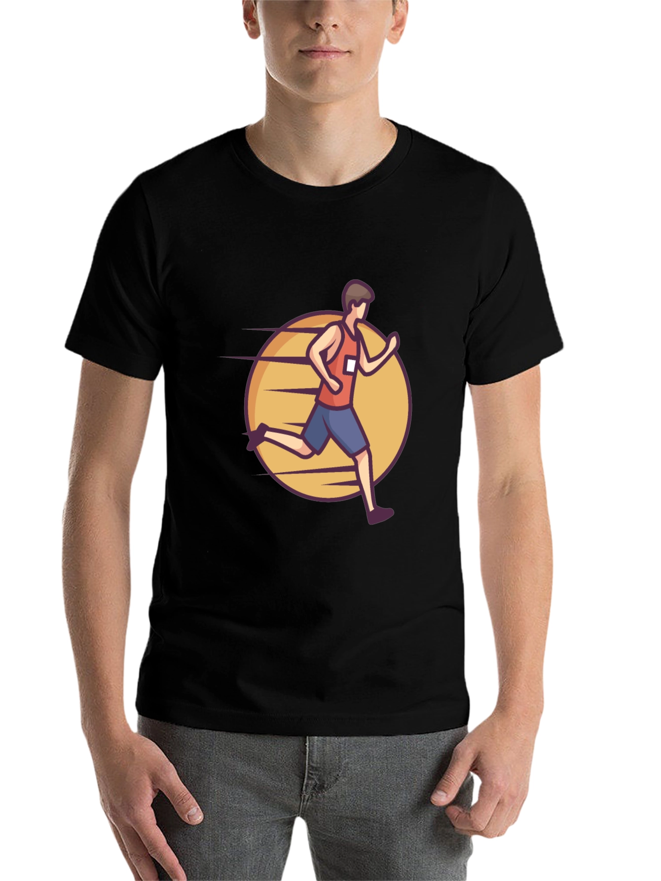 Black Graphic Tee: Cartoon Runner Design