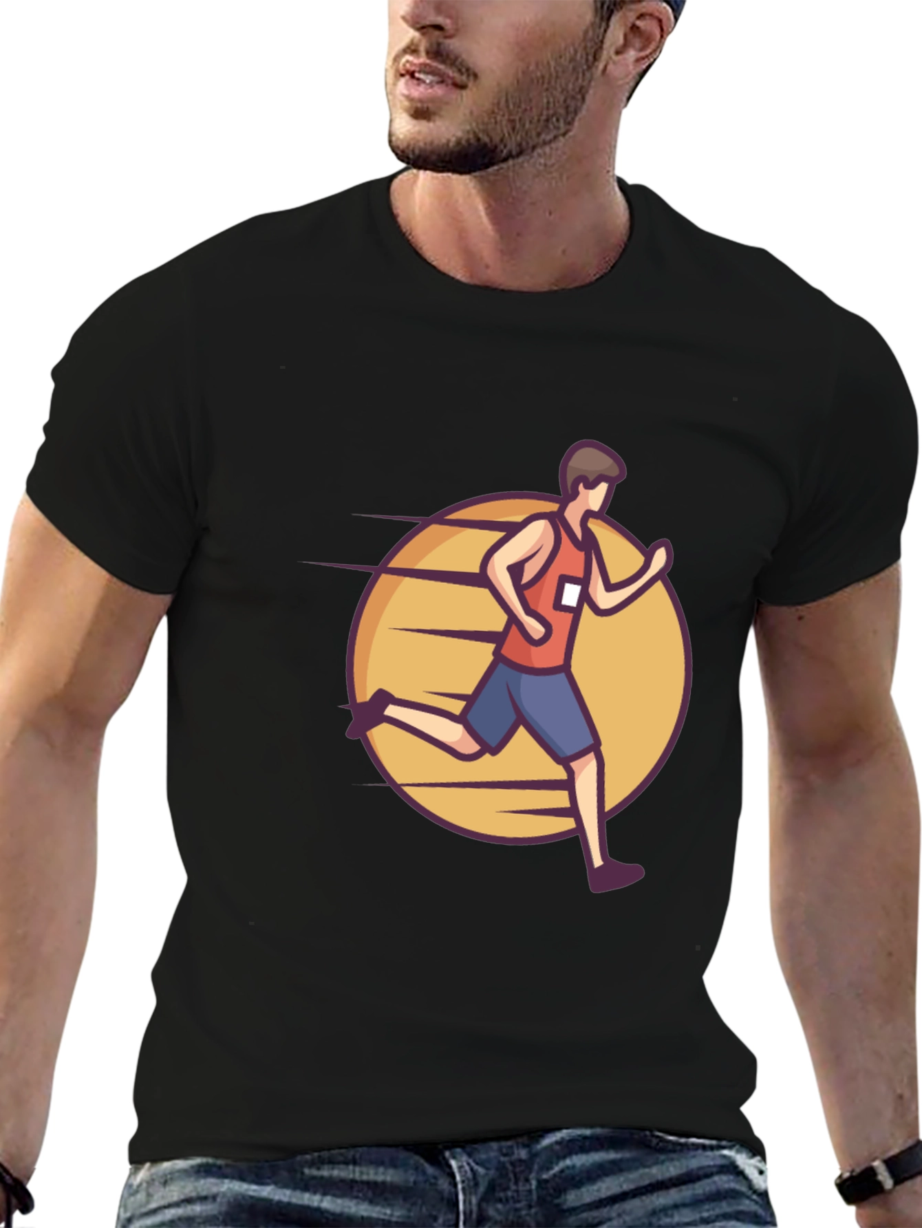 Black Graphic Tee: Cartoon Runner Design