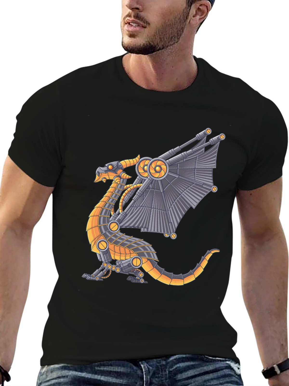 Steampunk Dragon Graphic Tee - Black Cotton T-Shirt