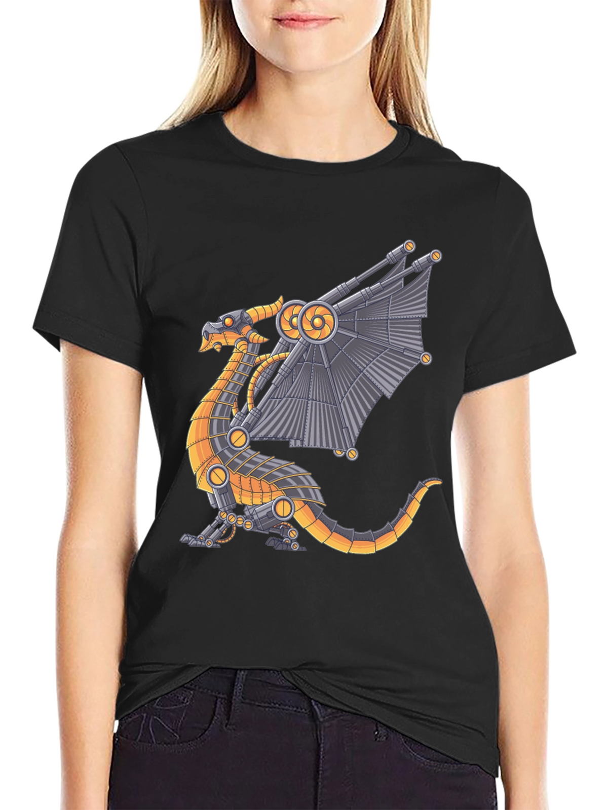 Steampunk Dragon Graphic Tee - Black Cotton T-Shirt