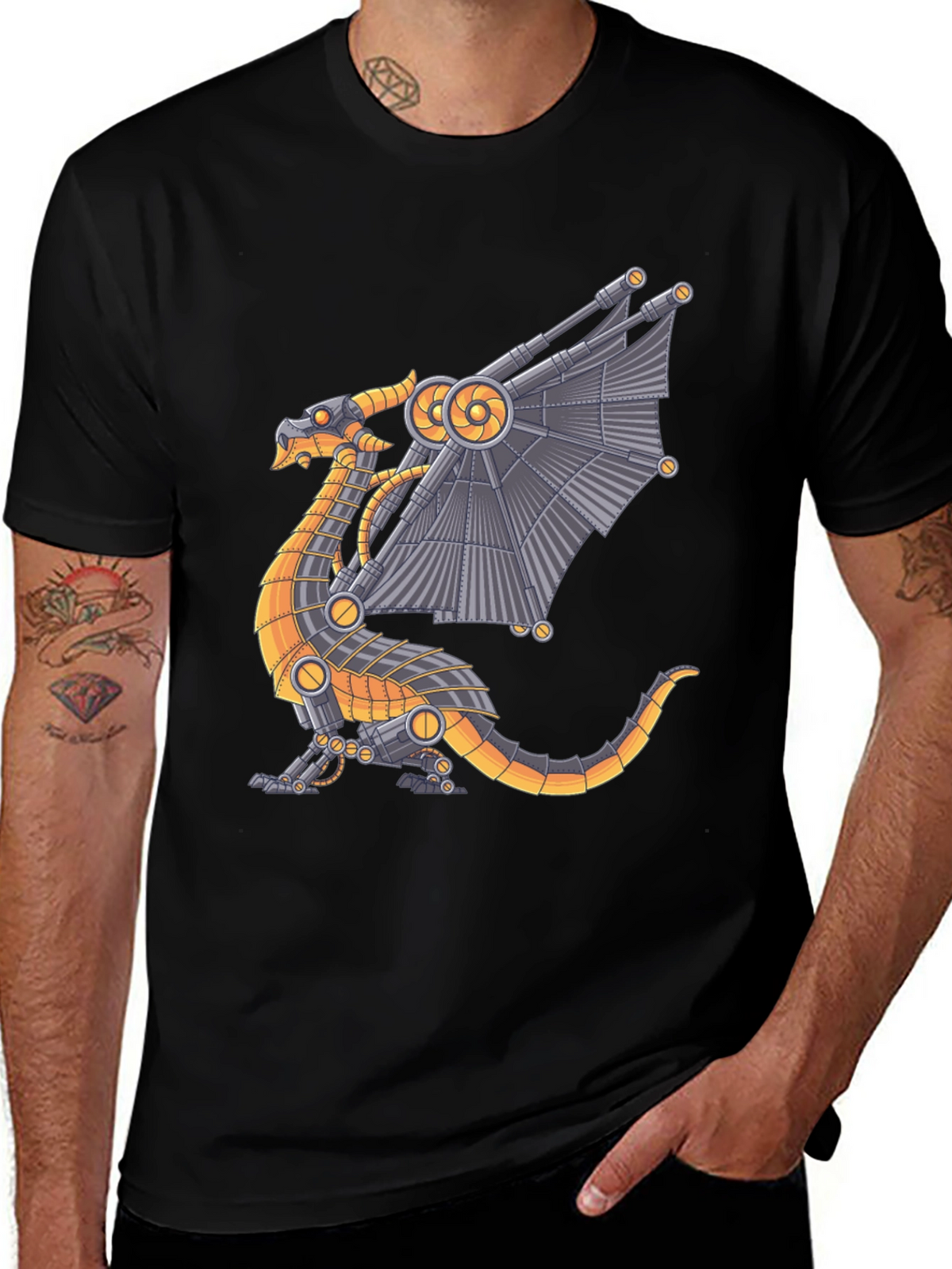 Steampunk Dragon Graphic Tee - Black Cotton T-Shirt