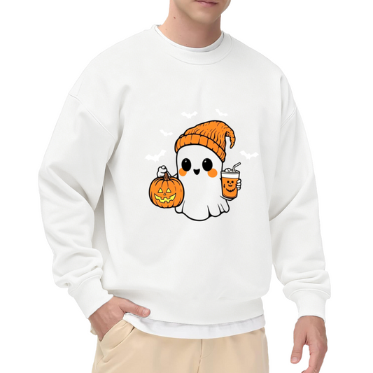 Cute Boo Ghost Pumpkin Coffee Halloween Crewneck Sweatshirt