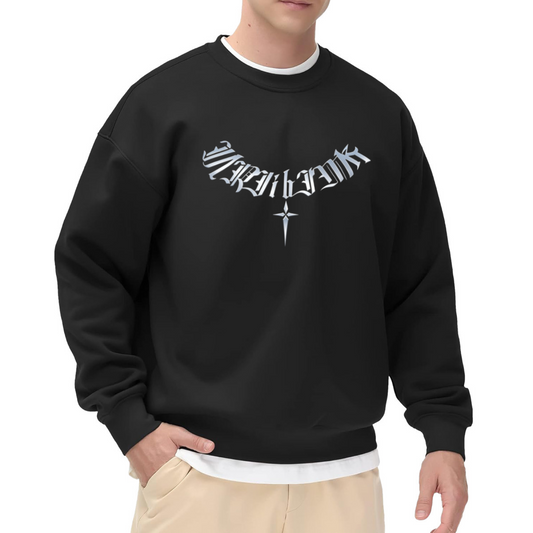Silver Gothic Star Old English Letter Black Crewneck Sweatshirt Y2K Dark Aesthetic