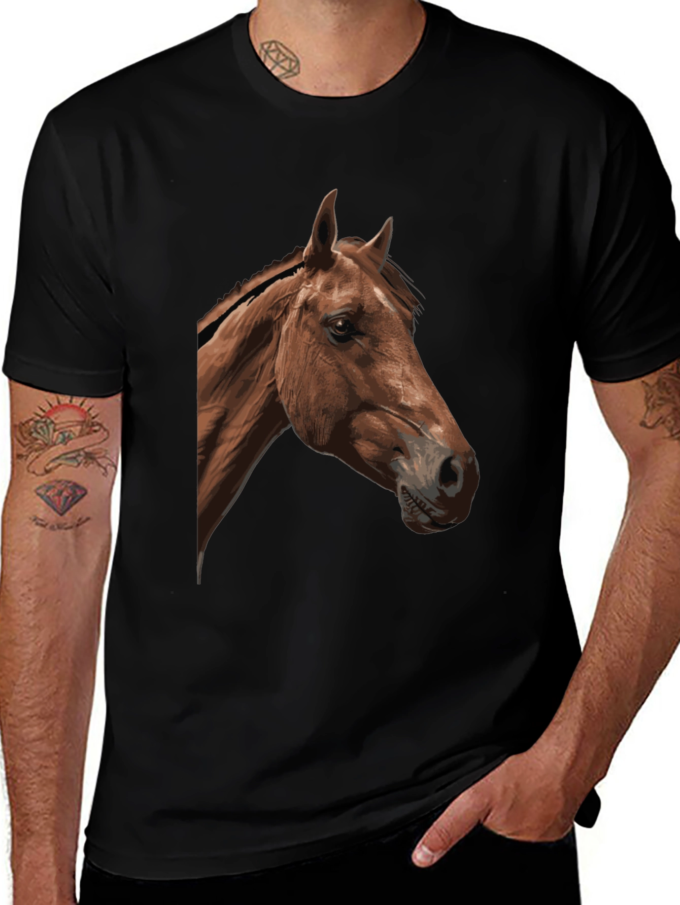 Horse Graphic Tee - Black Cotton Blend T-Shirt