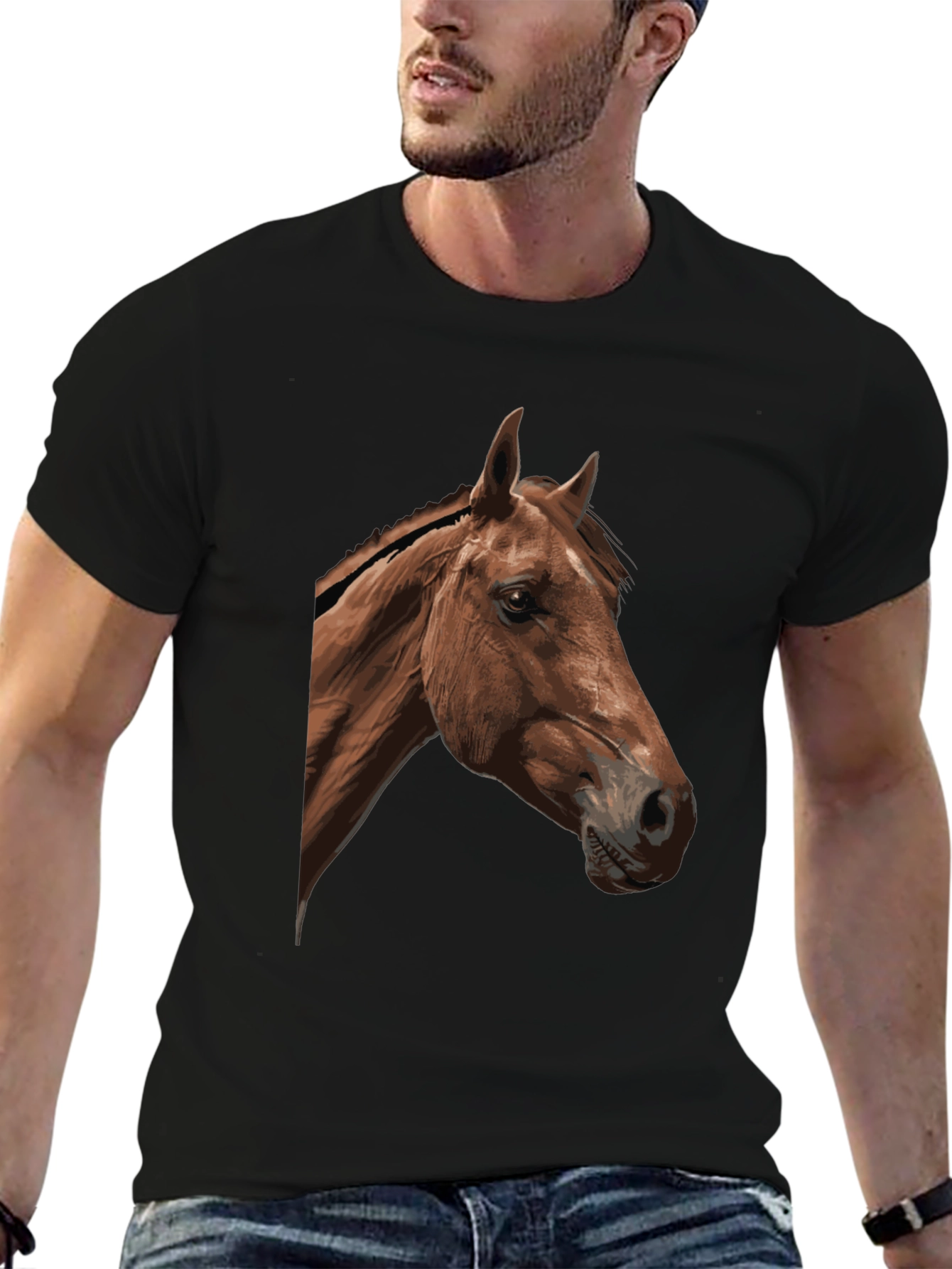 Horse Graphic Tee - Black Cotton Blend T-Shirt