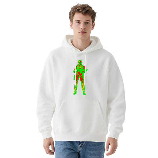 Cool Thermal Vision Soldier Print White Hoodie, Men Comfort Street Sweatshirt