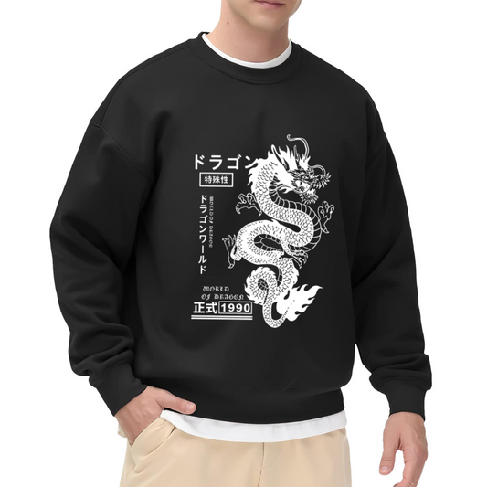 Japanese Retro White Dragon Streetwear Crewneck Sweatshirt