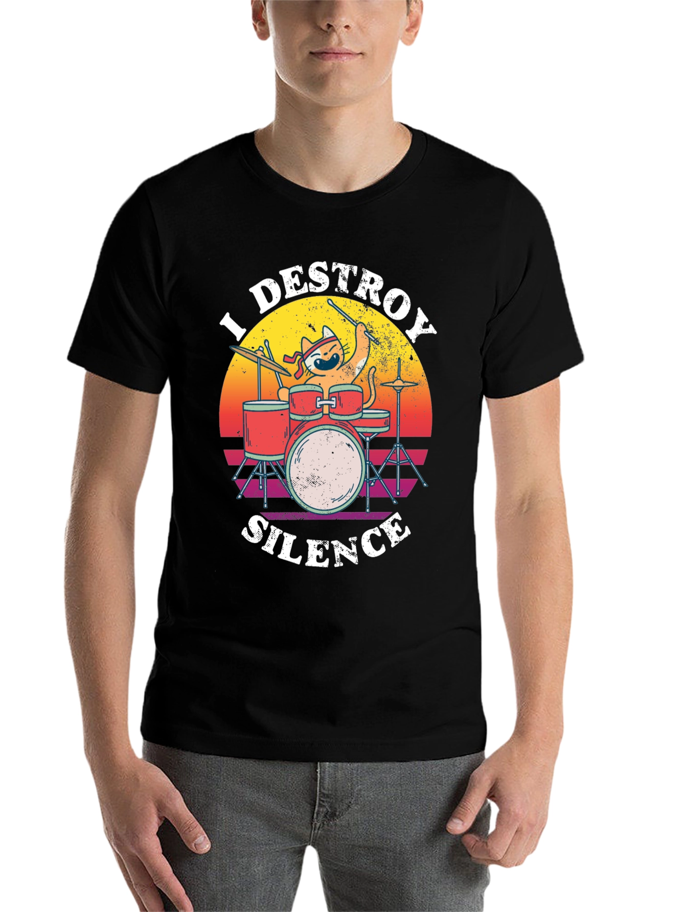 Destroy Silence Cat Drummer Graphic Tee