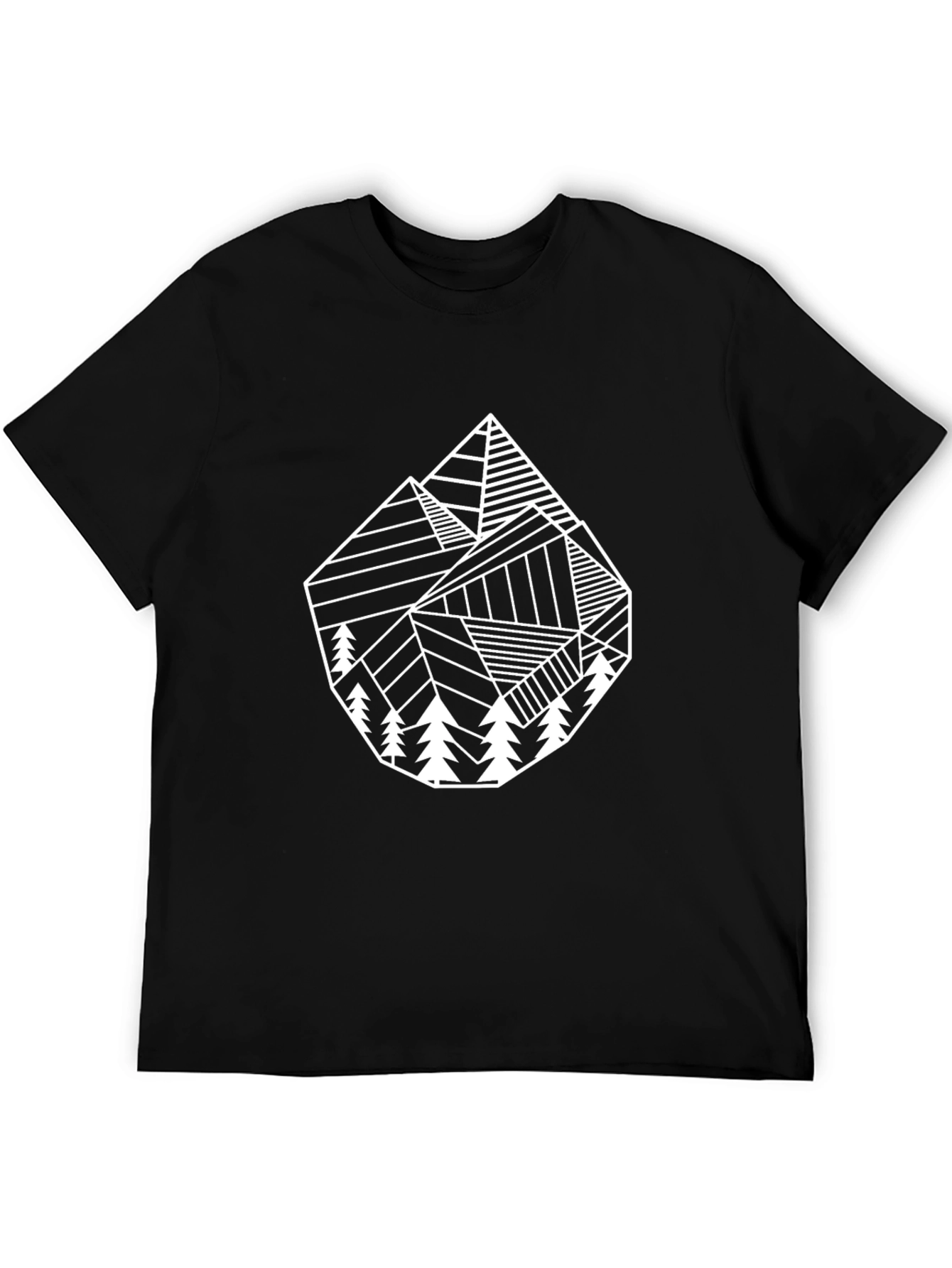 Geometric Mountain & Tree Graphic Tee - Black