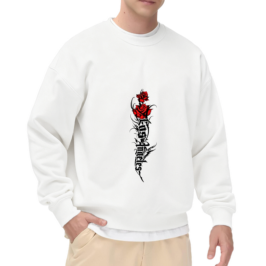 Gothic Red Rose Thorn Letter Graphic White Crewneck Sweatshirt Dark Streetwear