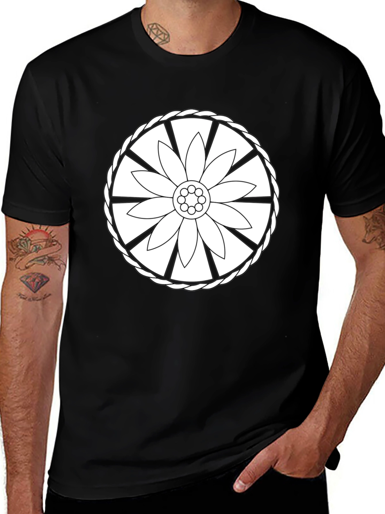 Black Tee with Floral Wheel Design