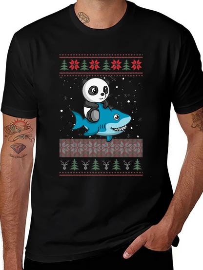 Panda Riding Shark Christmas Sweater Pattern T-Shirt