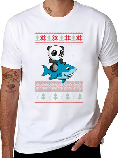 Panda Riding Shark Christmas Sweater Pattern T-Shirt