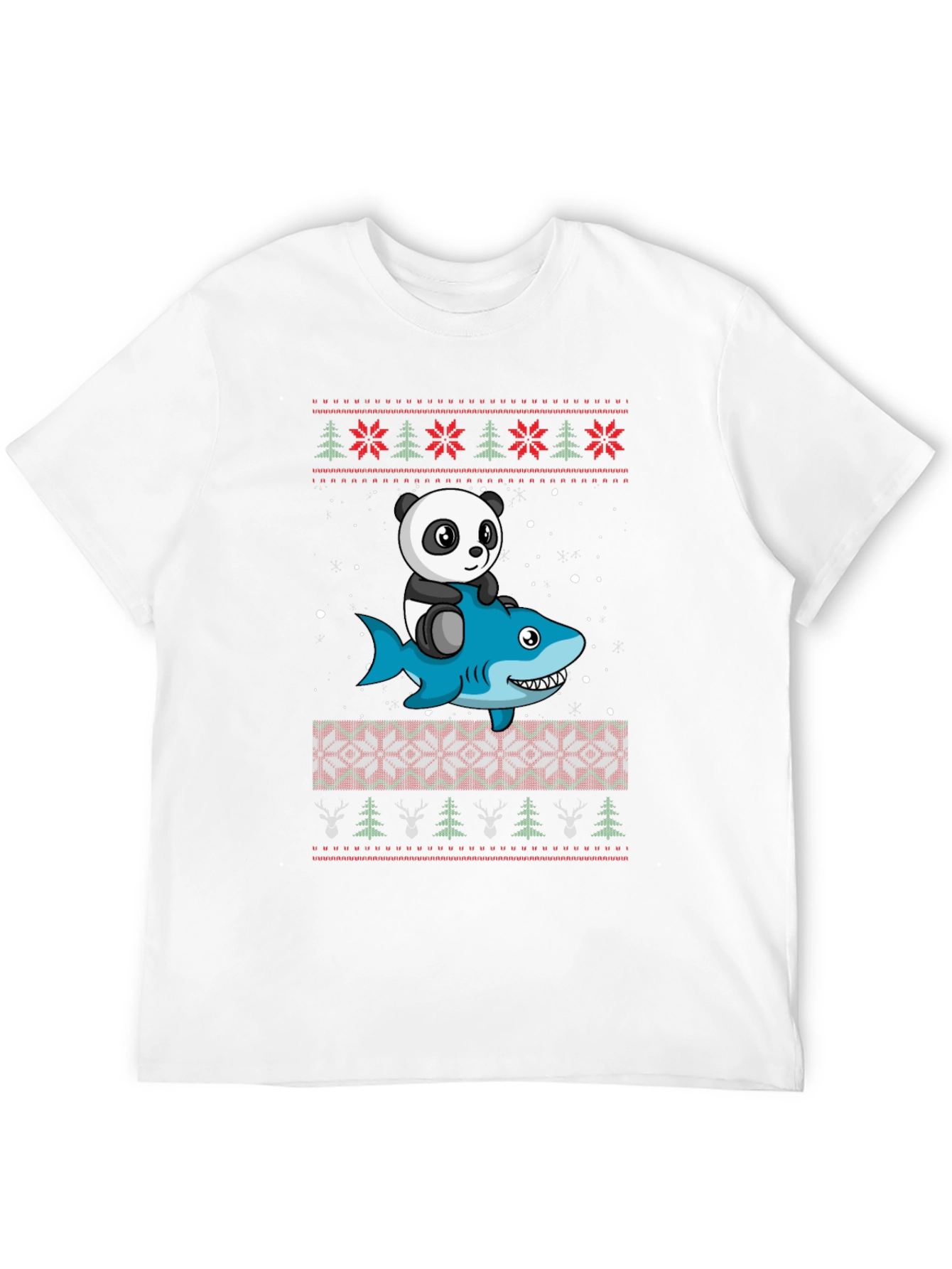 Panda Riding Shark Christmas Sweater Pattern T-Shirt