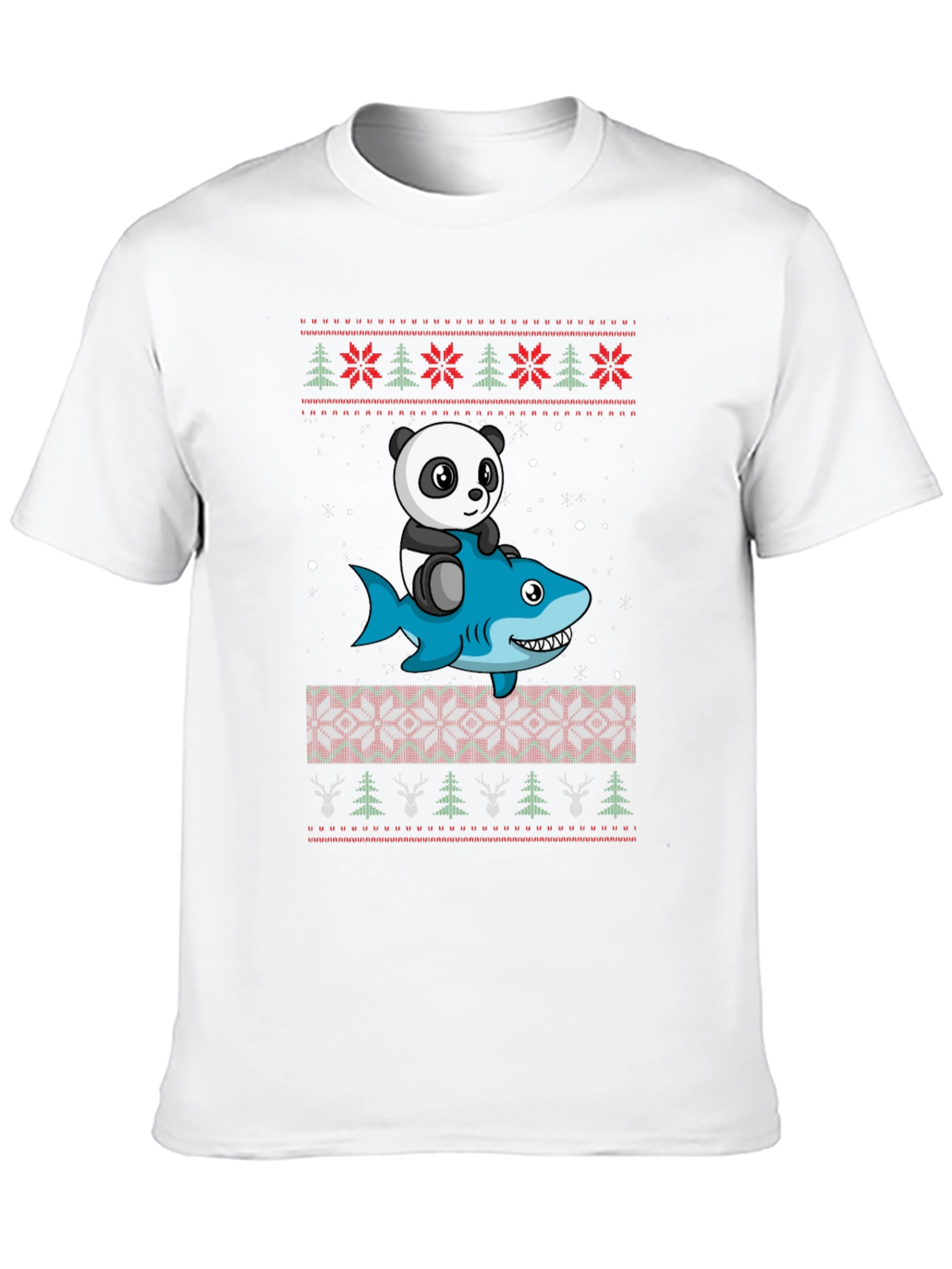 Panda Riding Shark Christmas Sweater Pattern T-Shirt