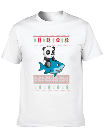 Panda Riding Shark Christmas Sweater Pattern T-Shirt