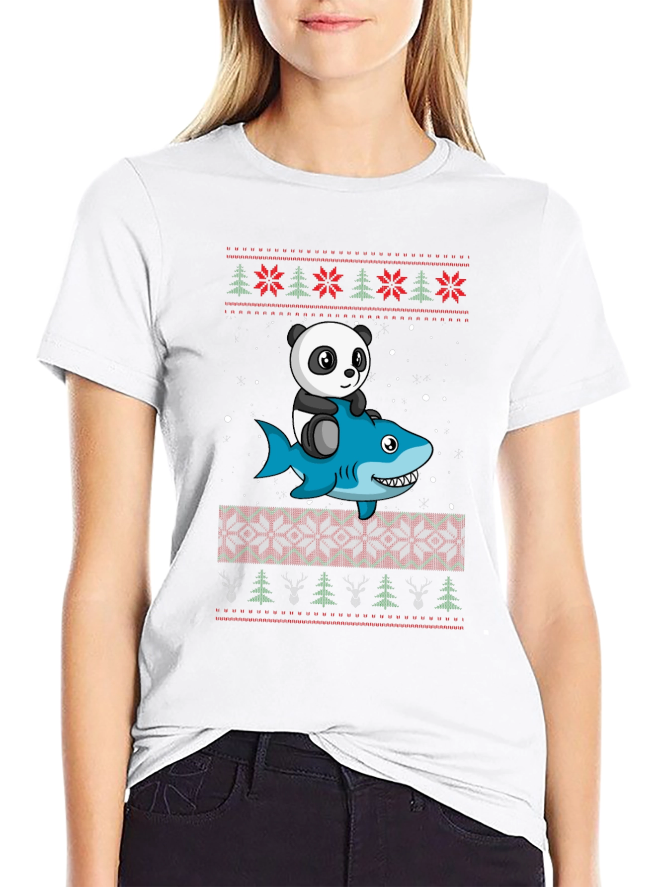 Panda Riding Shark Christmas Sweater Pattern T-Shirt