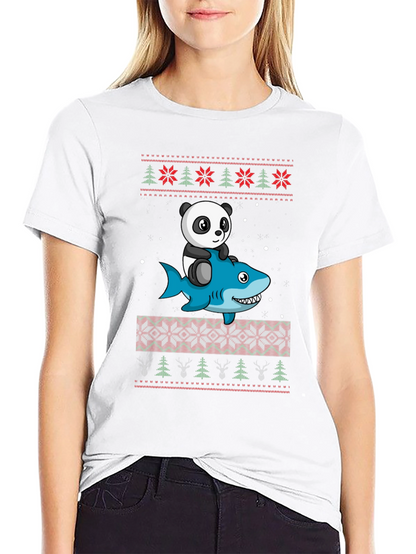 Panda Riding Shark Christmas Sweater Pattern T-Shirt