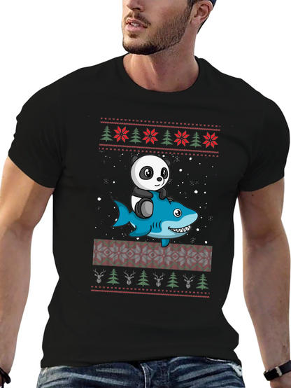 Panda Riding Shark Christmas Sweater Pattern T-Shirt