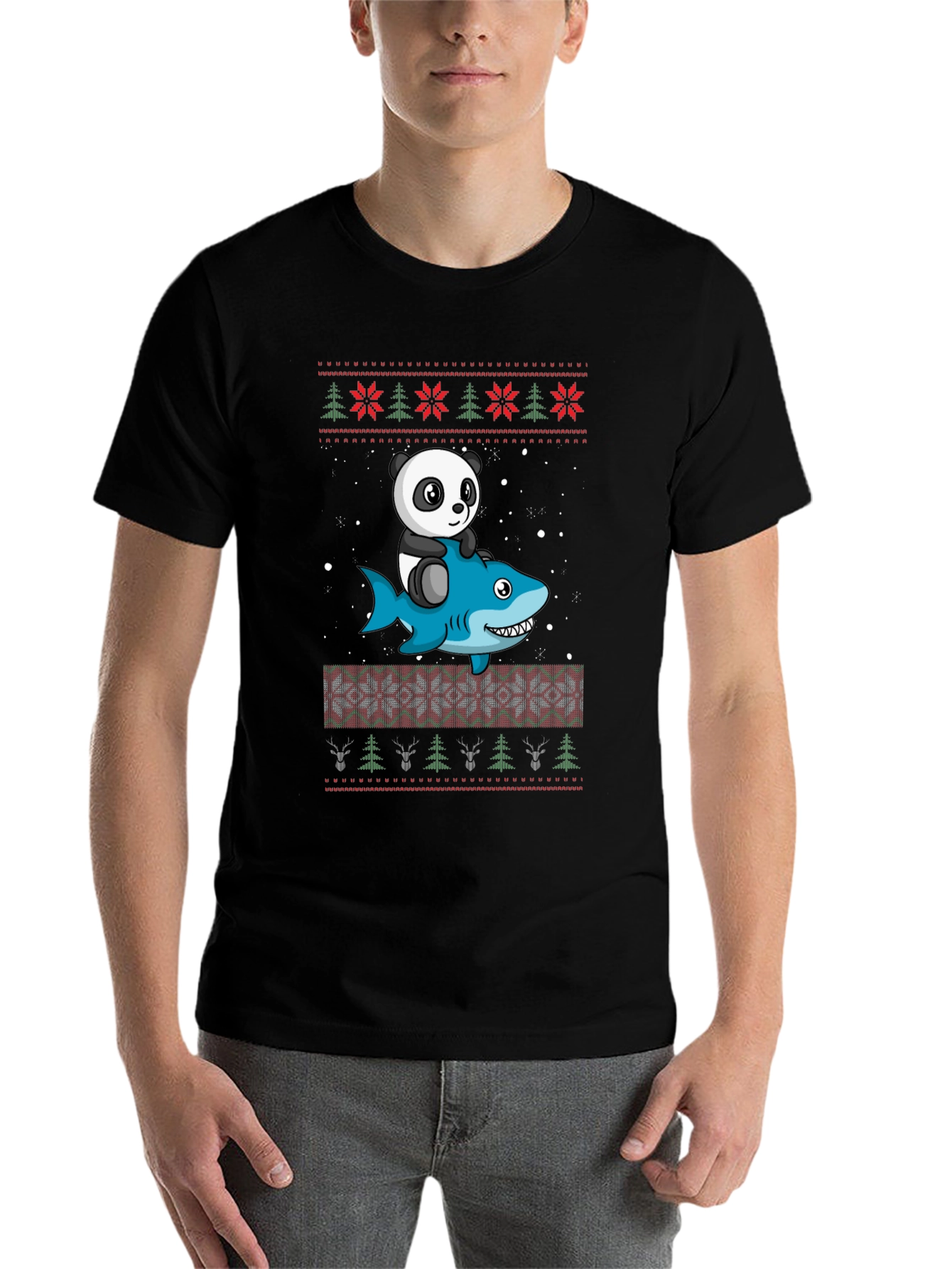 Panda Riding Shark Christmas Sweater Pattern T-Shirt
