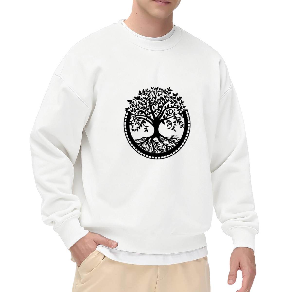 Mystical Life Tree Circle Minimal White Crewneck Sweatshirt