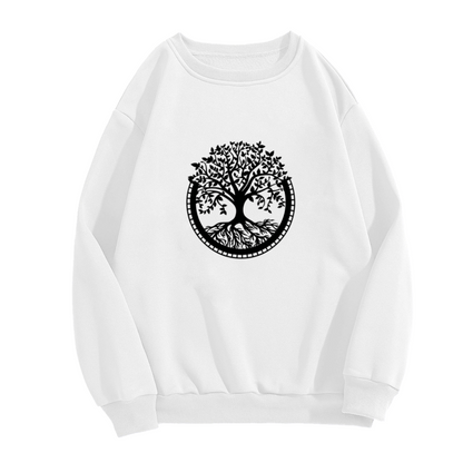 Mystical Life Tree Circle Minimal White Crewneck Sweatshirt