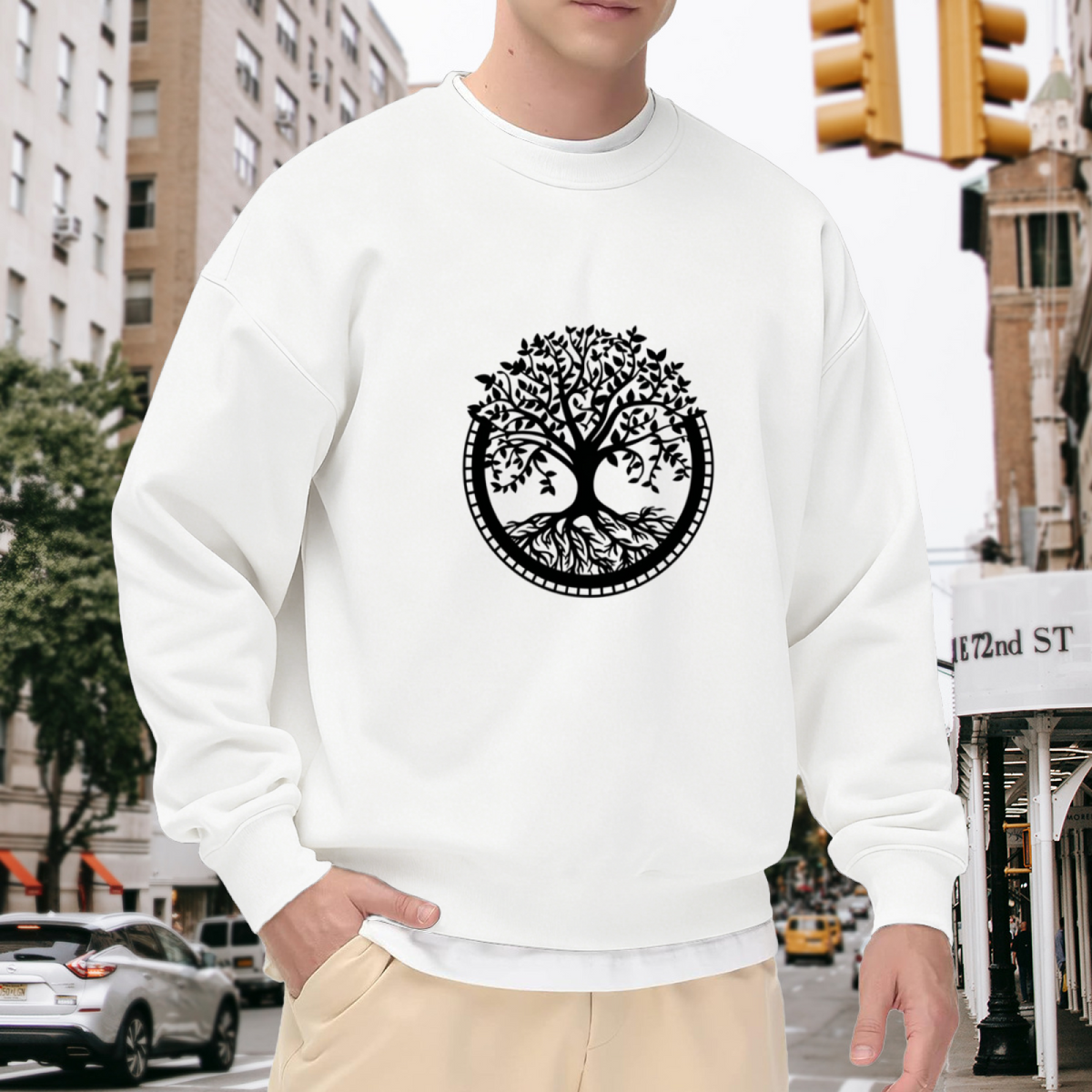 Mystical Life Tree Circle Minimal White Crewneck Sweatshirt