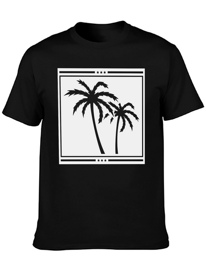 Palm Tree Graphic Tee - Black Cotton Casual Shirt