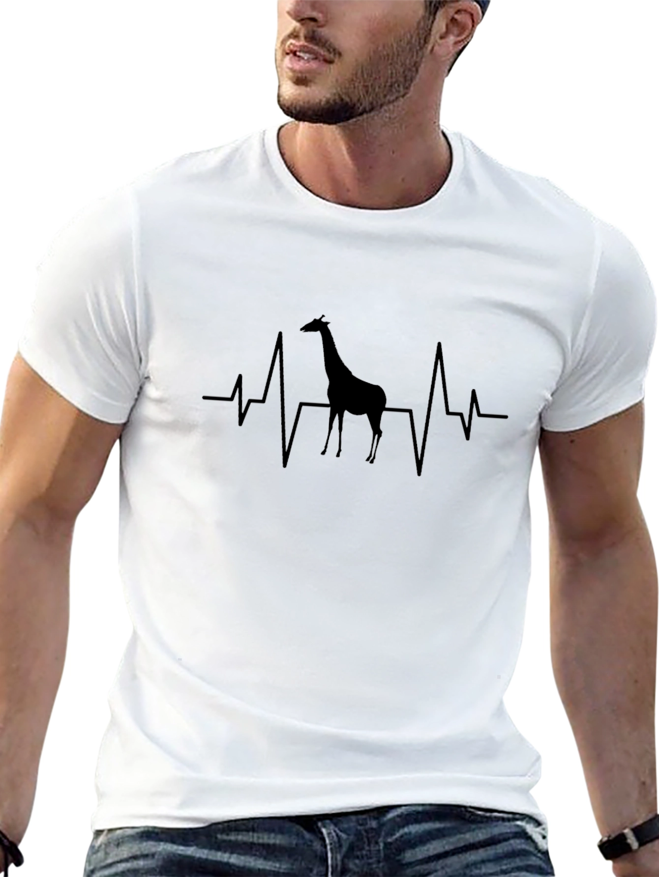 Giraffe Heartbeat Graphic Tee - Black Crewneck T-Shirt