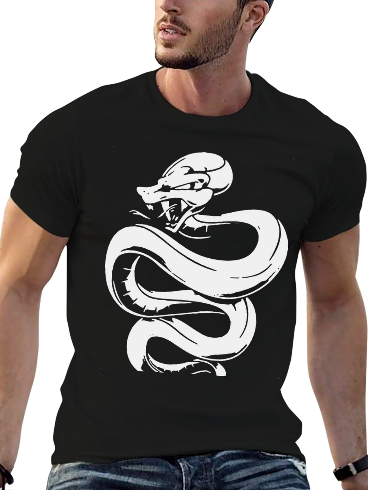 Black Tee with White Snake Graphic