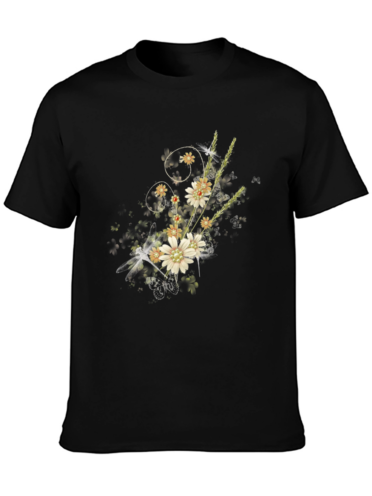 Floral Dragonfly Graphic Black Tee