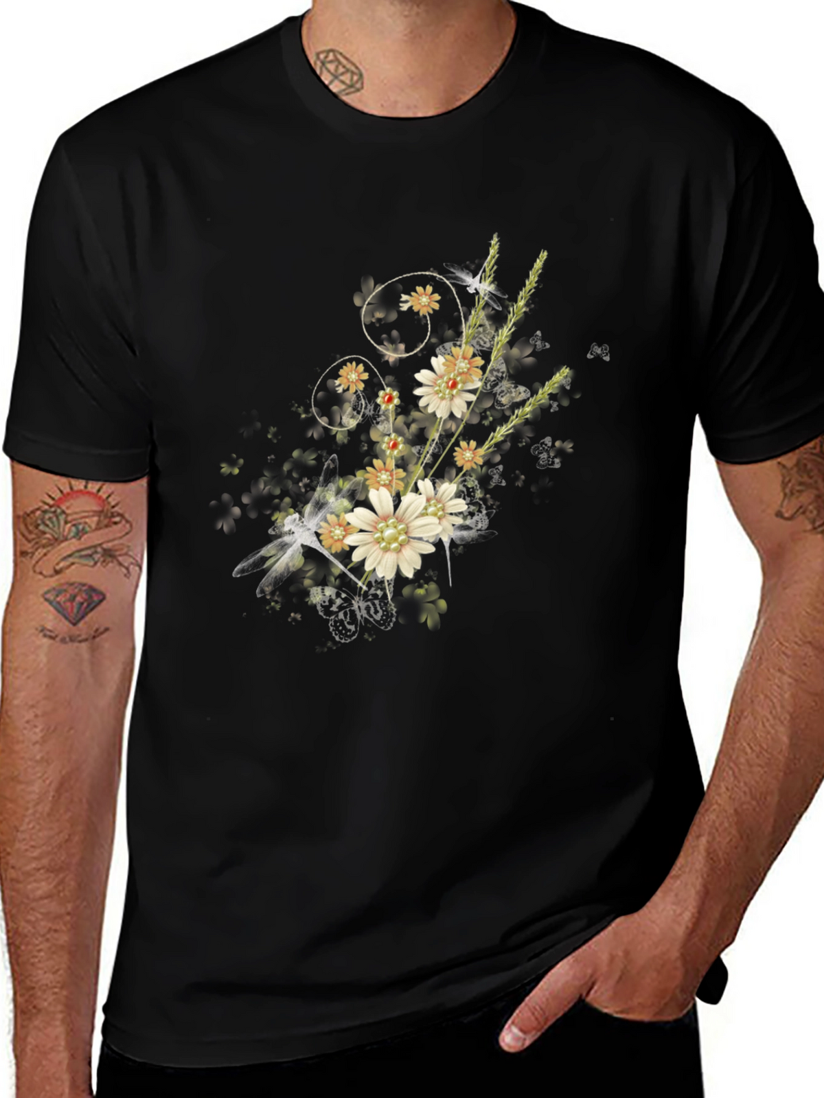 Floral Dragonfly Graphic Black Tee
