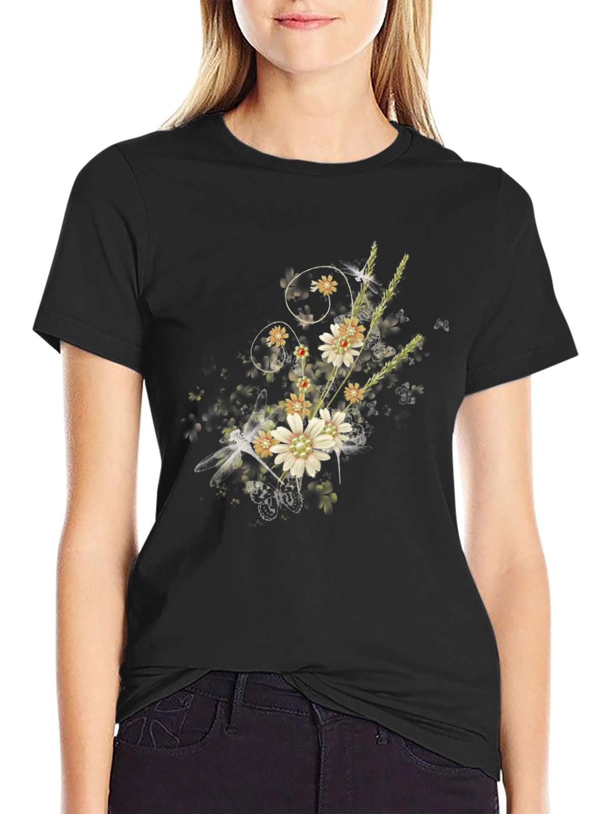 Floral Dragonfly Graphic Black Tee