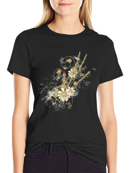 Floral Dragonfly Graphic Black Tee
