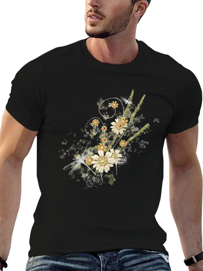 Floral Dragonfly Graphic Black Tee