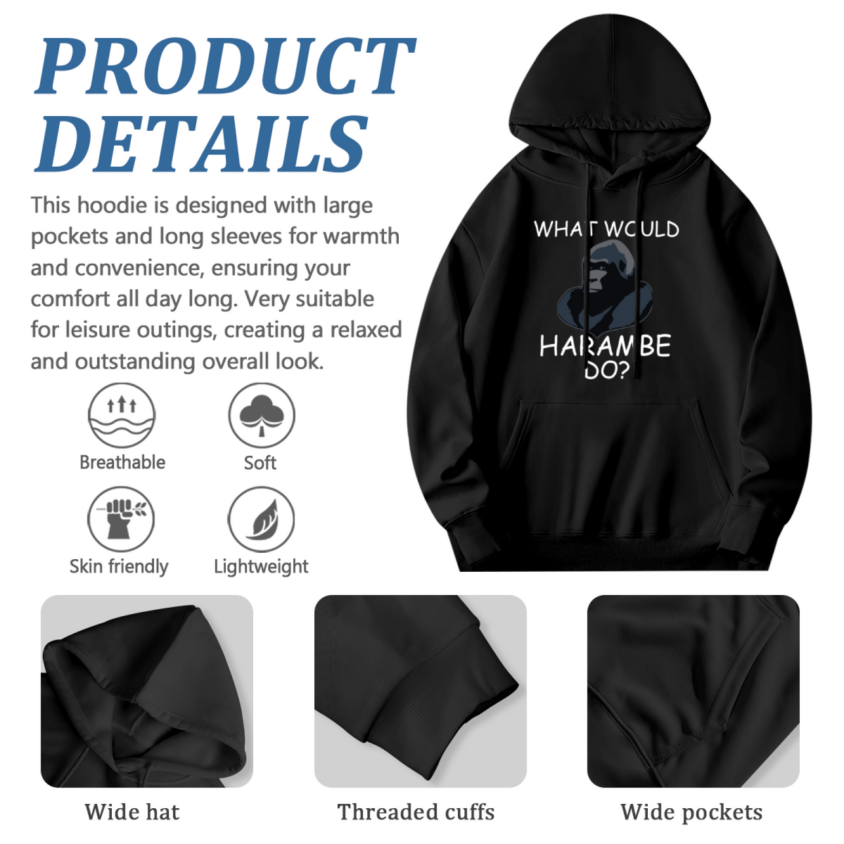 What Would Harambe Do Gorilla Meme Black Hoodie, Cozy Unisex Funny Pullover