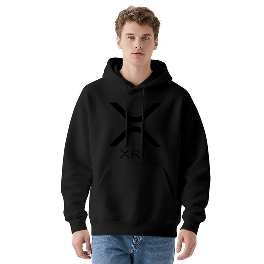 Minimal XRP Crypto Logo Black Hoodie, Unisex Soft Casual Hooded Top