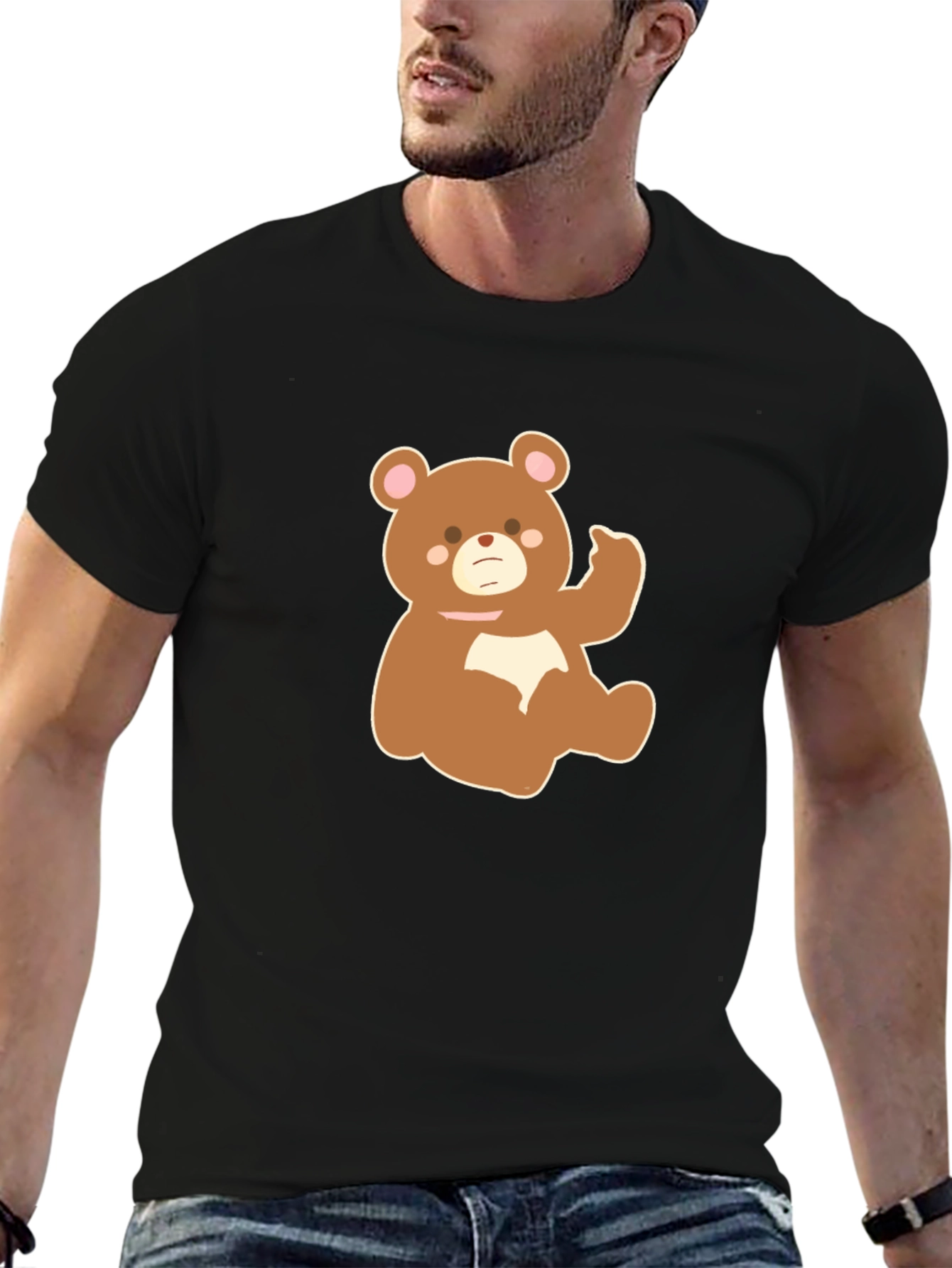 Cute Cartoon Bear Graphic Tee - Black