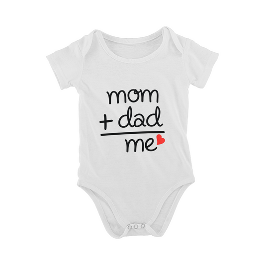 Mom + Dad = Me Sweet Family Heart Print Baby Onesie