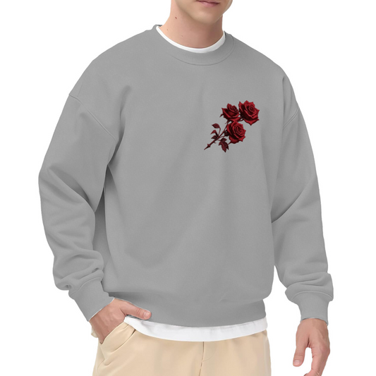 Mini Red Rose Branch Chest Print Crewneck Sweatshirt