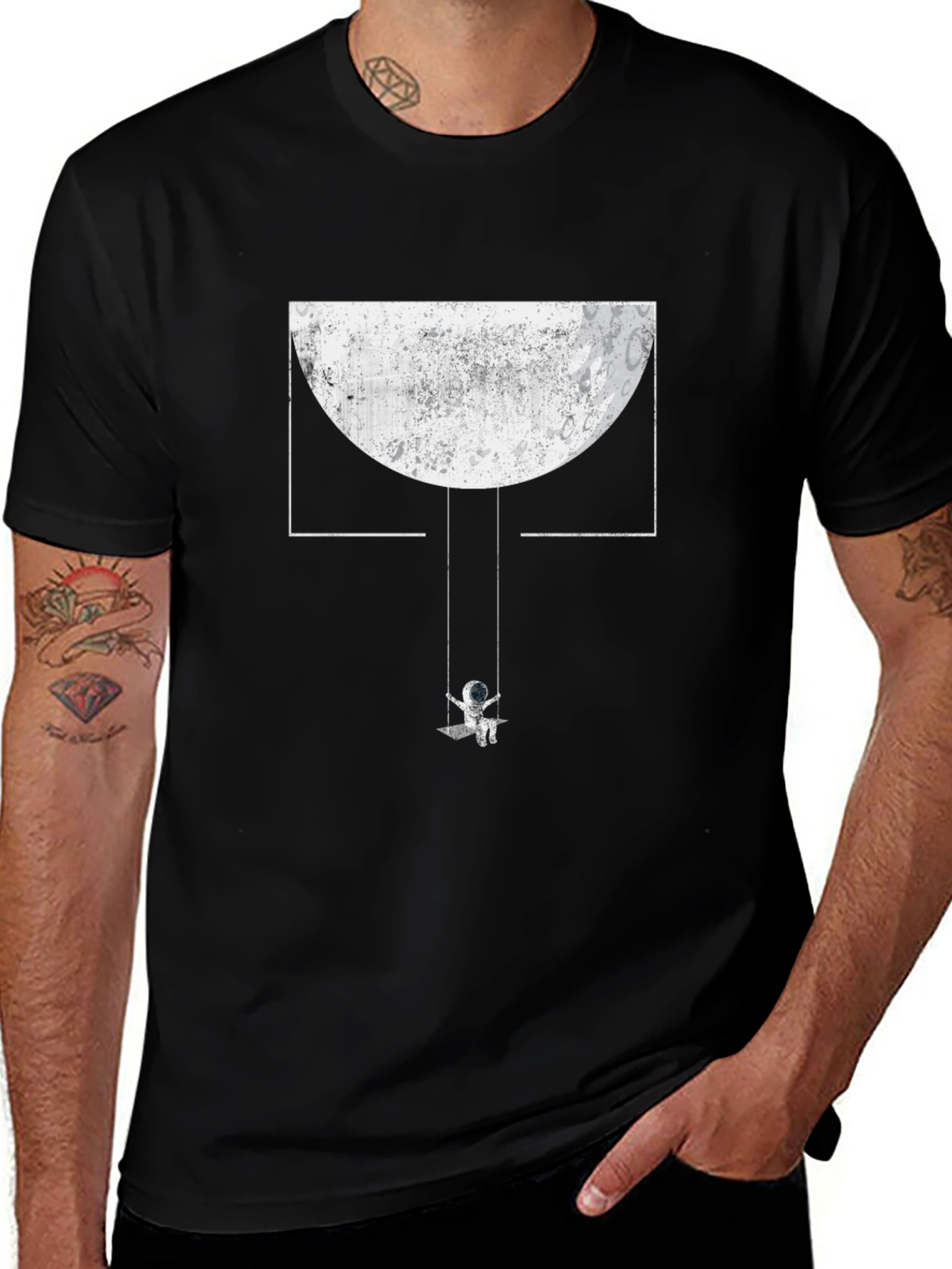 Astronaut Moon Swing Graphic Tee - Unique Black T-Shirt