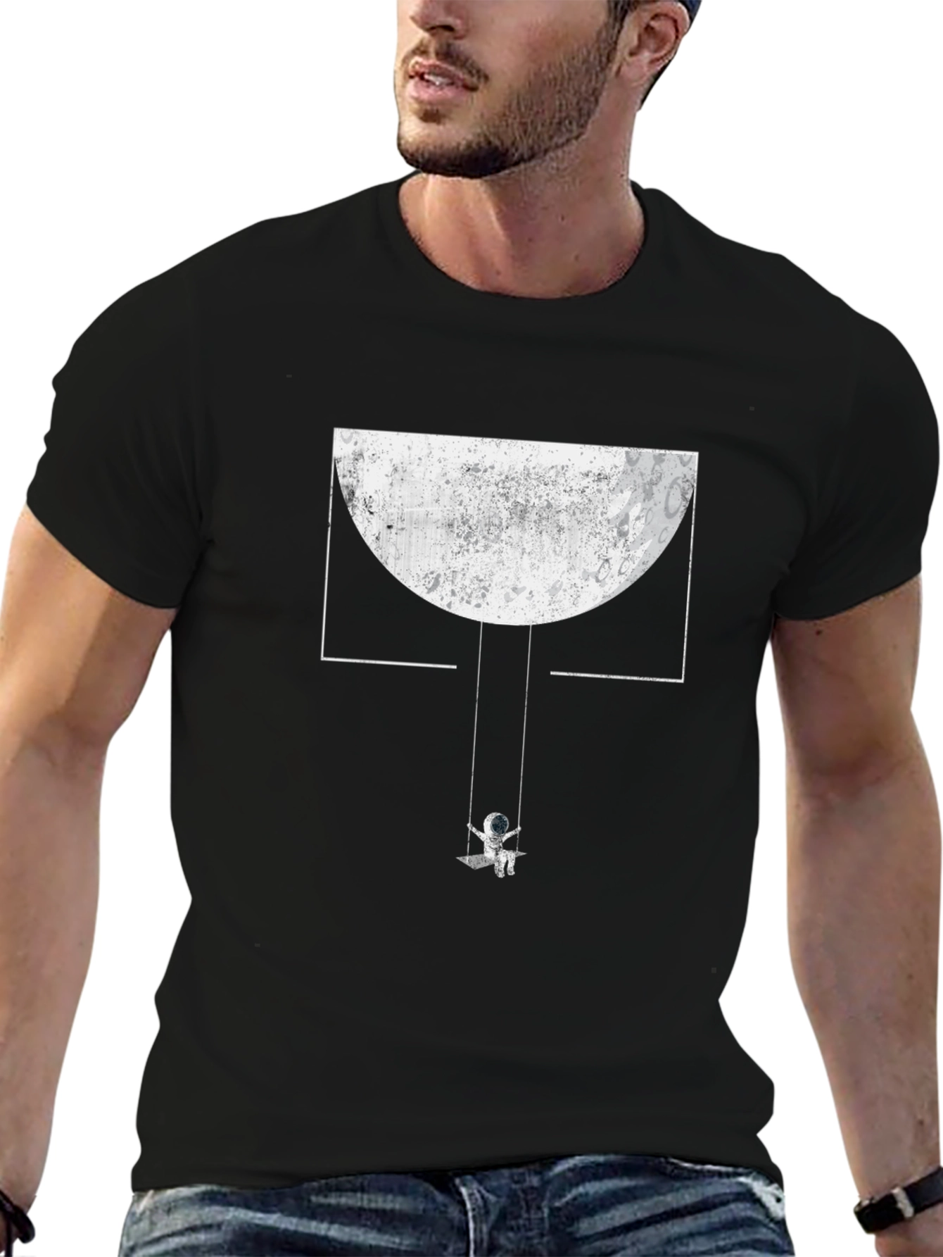 Astronaut Moon Swing Graphic Tee - Unique Black T-Shirt