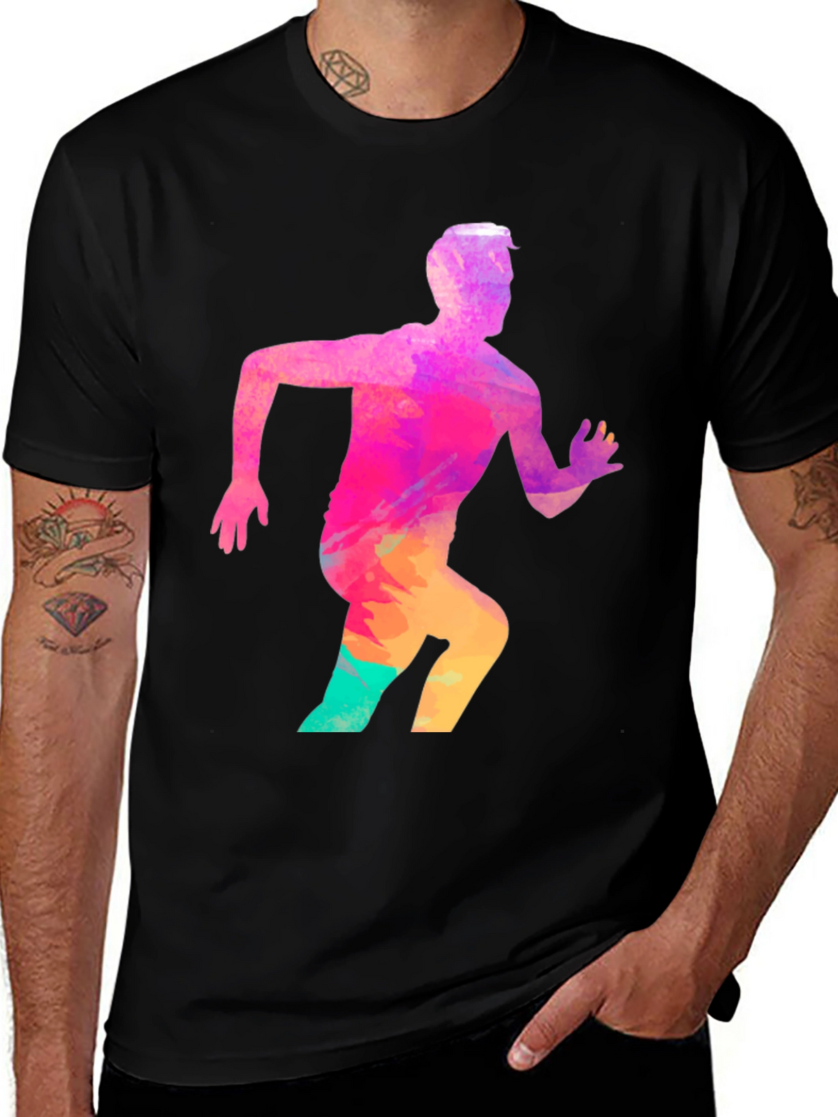 Mens Black Graphic Tee - Running Man Design