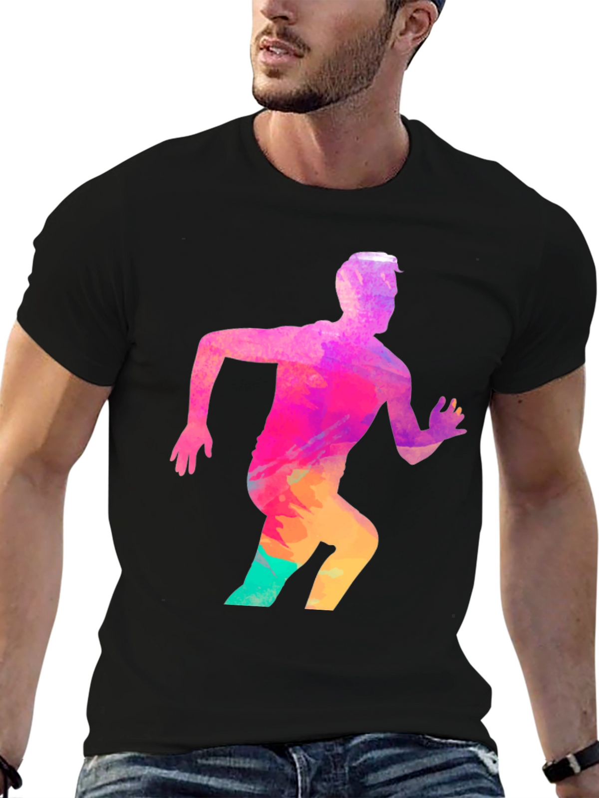 Mens Black Graphic Tee - Running Man Design