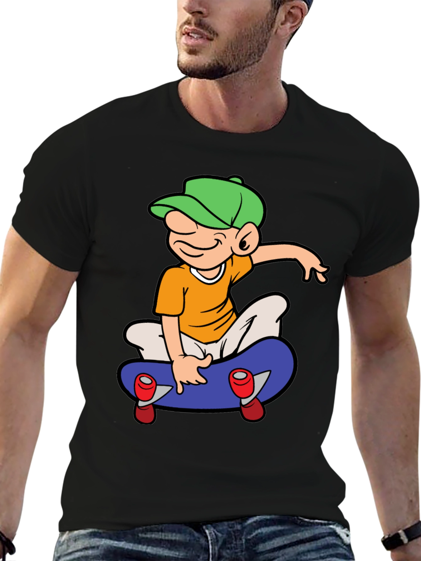 Skateboard Cartoon Graphic Tee - Black