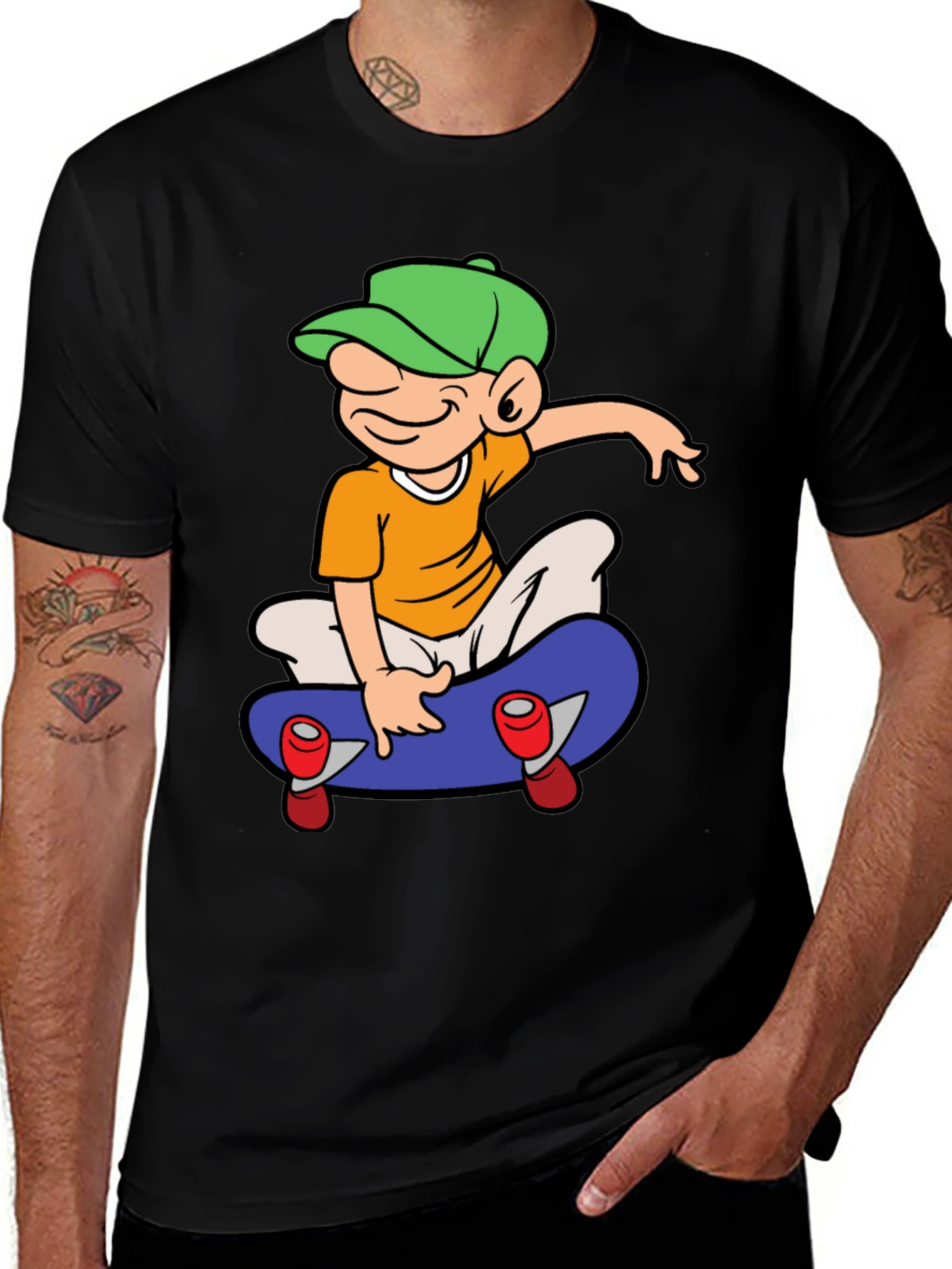 Skateboard Cartoon Graphic Tee - Black