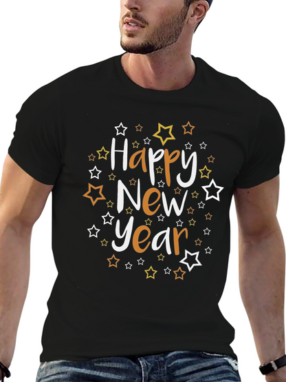 Happy New Year Star Graphic Black Tee