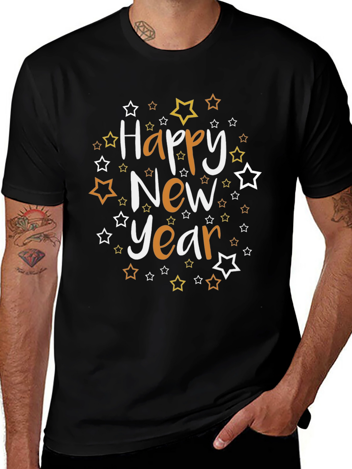 Happy New Year Star Graphic Black Tee