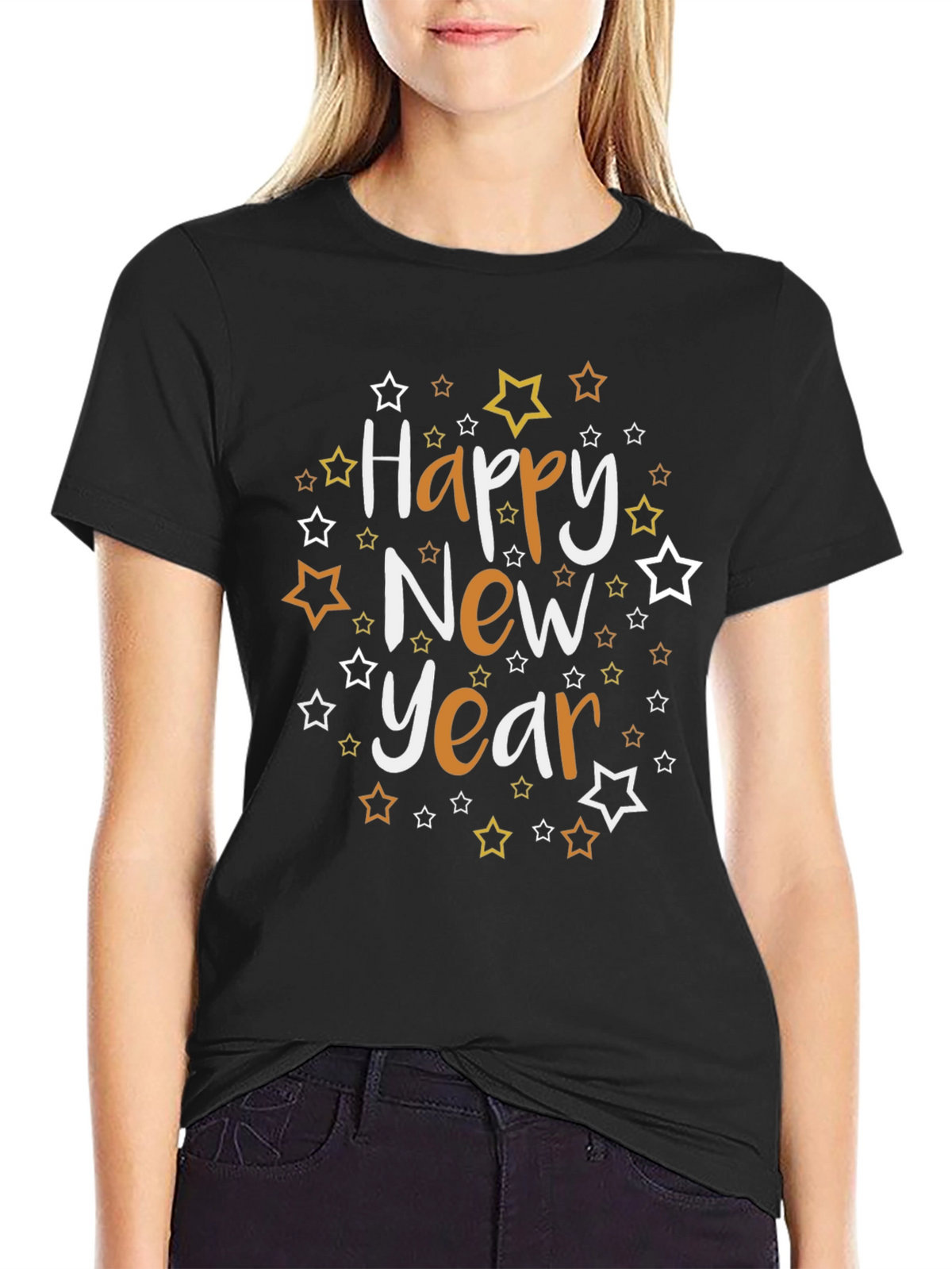 Happy New Year Star Graphic Black Tee